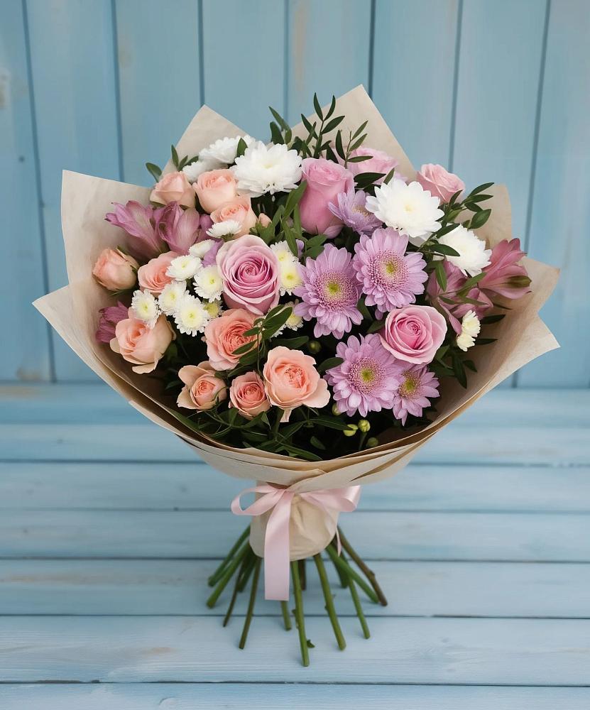 Букет цветов из: Хризантемы, Розы и Альстромерии в Хелюле