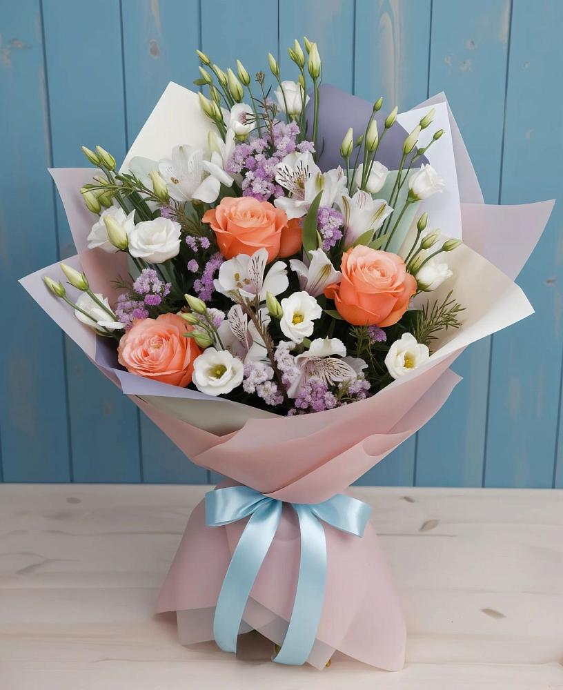 Букет цветов из: Лизиантусы, Розы, Альстромерии и Гипсофила в Хелюле