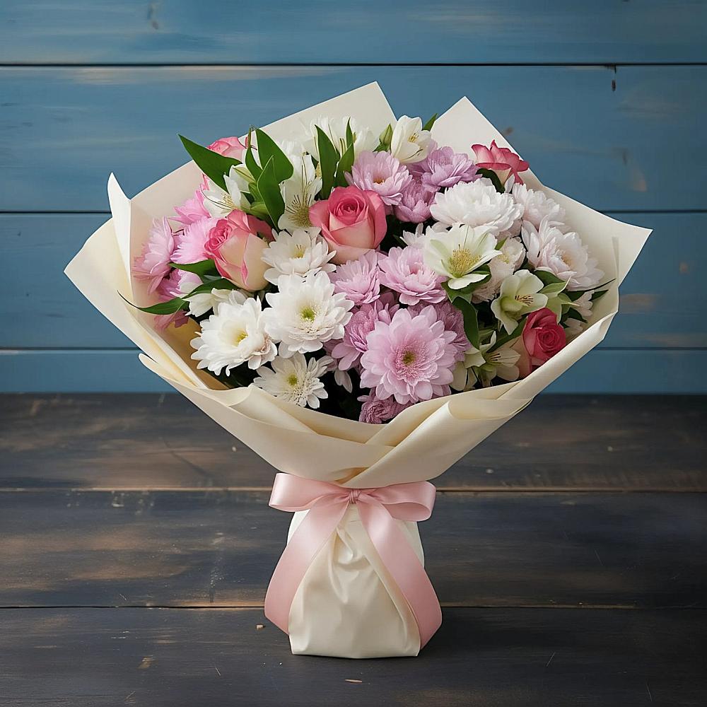 Букет цветов из: Хризантемы, Альстромерии и Розы в Хелюле